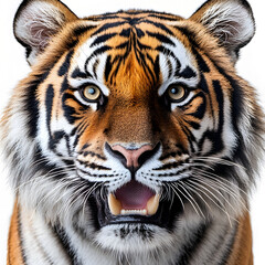 Fototapeta premium Fierce Tiger Isolated on White Background Showcasing Its Power and Majesty. Powerful and Majestic Predator in the Wild Jungle or Savanna Ecosystem.