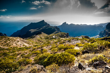 Tenerife. Stunning Mountain Landscape With Dramatic Sky in Evening Light, Capturing Natural Beauty, Rugged Terrain, and a Sense of Tranquility Amidst Expansive Horizons and Lush Vegetation.