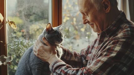 Obraz premium Senior man in a plaid shirt petting a gray cat, standing by a window with a garden view, sunlight filtering through