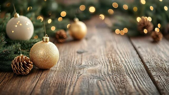 Christmas Wooden board empty table background. abstract blurred theme in winter background. Scandinavian 4k video format