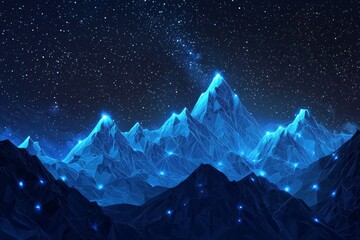 Obraz premium A low-poly mountain range under the stars, with each peak illuminated by glowing blue energy lines. The background is dark and starry, creating an otherworldly atmosphere. 
