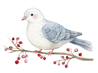 cheerful watercolor style winter dove perched on branch with red berries, showcasing soft colors and delicate details. This charming illustration captures essence of winter