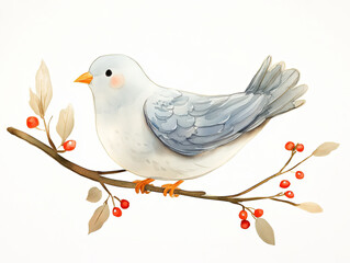 Obraz premium cheerful watercolor style winter dove perched on branch with red berries, showcasing soft colors and delicate details. This charming illustration captures essence of winter
