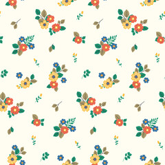 Seamless floral pattern, liberty ditsy print in retro motif. Cute botanical design, abstract tile print: small hand drawn flowers, leaves, simple mini bouquets. Vector textile, wallpaper illustration.