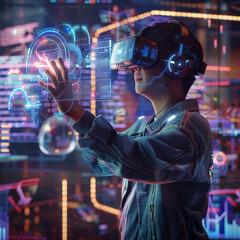 Design a high-tech virtual reality scene with immersive environments and cutting-edge gadgets.  