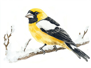 Obraz premium friendly evening grosbeak perched on snowy branch, showcasing its vibrant yellow and black plumage. This watercolor style illustration captures beauty of nature