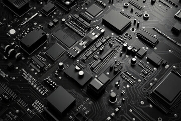 Black circuit board with electronic pathways and components. Technology and computing background