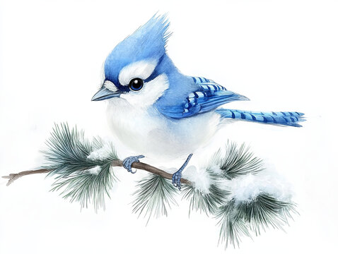 recommend clip art: joyful watercolor style blue jay perched on snowy pine branch, showcasing vibrant blue and white feathers. This charming bird adds touch of nature beauty to any setting