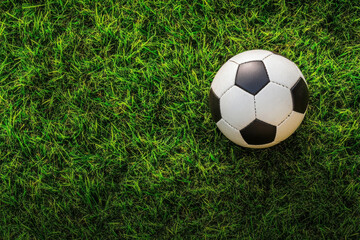 Fototapeta premium Top view of black and white soccer ball on green grass with copy space
