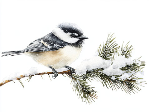 playful watercolor style chickadee perched on snowy pine branch, showcasing its delicate features and winter charm. This artwork captures essence of nature beauty