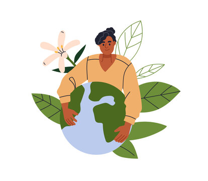 Eco-friendly concept, saving planet. Volunteer embracing, protecting tiny Earth. Environmental and nature conservation, ecology protection. Flat vector illustration isolated on white background