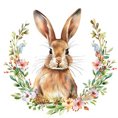 Obraz premium Easter rabbit with spring flowers and leaves wreath watercolor. Cute vintage bunny isolated on white background
