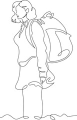 Continuous one line drawing tourist girl with a backpack on a walk. Retro vintage. Young woman in retro clothes. One continuous line isolated minimal vertical illustration.