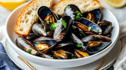 An inviting bowl of mussels steamed in white wine and garlic,