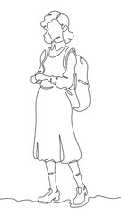 Continuous one line drawing tourist girl with a backpack on a walk. Retro vintage. Young woman in retro clothes. One continuous line isolated minimal vertical illustration.