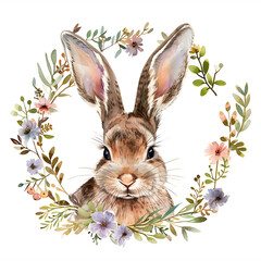 Obraz premium Easter rabbit with spring flowers and leaves wreath watercolor. Cute vintage bunny isolated on white background
