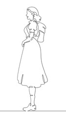 Continuous one line drawing tourist girl with a backpack on a walk. Retro vintage. Young woman in retro clothes. One continuous line isolated minimal vertical illustration.