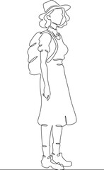 Continuous one line drawing tourist girl with a backpack on a walk. Retro vintage. Young woman in retro clothes. One continuous line isolated minimal vertical illustration.