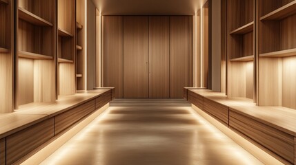 Obraz premium A Japandi style hallway featuring minimalist wooden benches