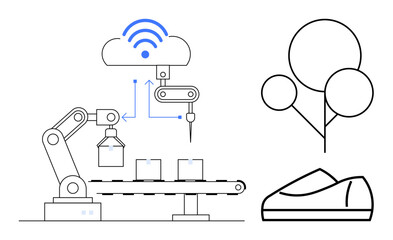 Automated assembly line with robotic arm moving items, cloud with wireless, simplistic tree, and sneaker on the side. Ideal for manufacturing, IoT, automation, industry 4.0, smart factory