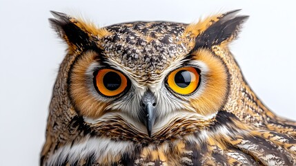 Obraz premium Majestic owl with piercing golden eyes and fierce expression perched on a tree branch in a natural forest environment. Powerful raptor predator of the night,alert and vigilant.