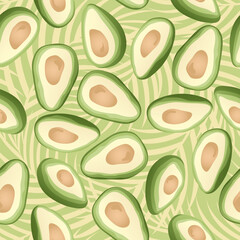 Seamless pattern with hand drawn tropical palm leaves and avocado slice on green background.