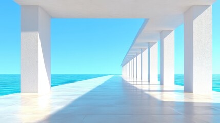 Bright architectural walkway extending over tranquil blue waters by the seaside under a clear sky with sunlight reflections