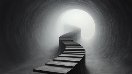 A winding staircase leads to a bright light at the end of a dark tunnel, symbolizing hope and new beginnings