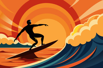 Surfer Riding Wave Silhouette Vector at Sunrise