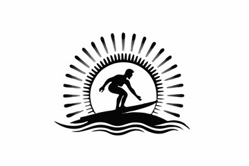 Surfer Riding Wave Silhouette Vector at Sunrise