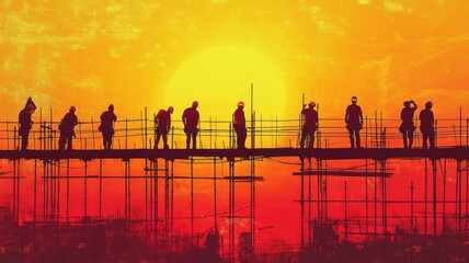 Fototapeta premium Construction workers collaborate on scaffolding at sunset, showcasing teamwork and industry resilience