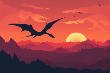 Majestic dragon silhouette against vibrant sunset mountains