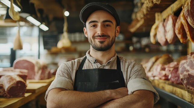 A butcher showcases artistic meat packaging in a cozy deli filled with fresh products
