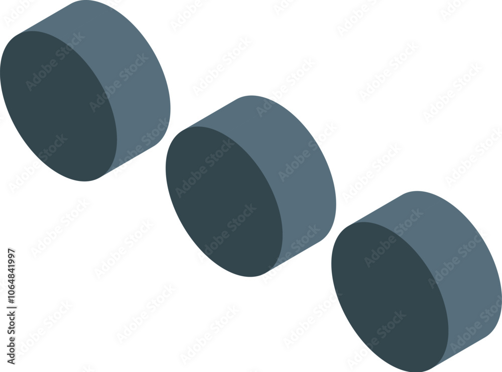Poster three gray cylinders are creating a diagonal line in isometric projection, suggesting a sequence or 