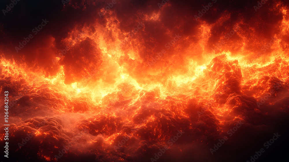 Poster raging inferno:a fiery eruption of chaos and destruction in the sky. intense flames,billowing smoke,