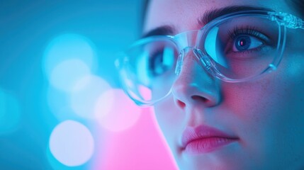 Pharmaceutical scientist wearing augmented reality glasses to visualize and interact with a dynamic holographic display of the molecular structure of a drug compound