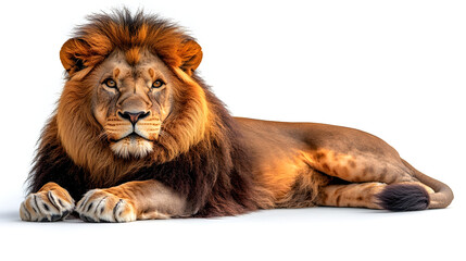 Obraz premium Regal and Majestic Lion Isolated on a Clean White Background. Powerful Predator Animal Portrait of a Fearless and Fierce Big Cat.
