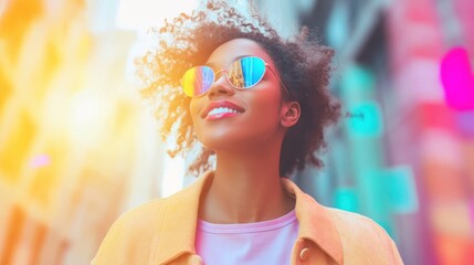 A young woman displays a property brochure against a vibrant, cheerful backdrop