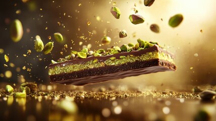 Dubai Chocolate Kunafa Pistachio on white background,Dubai Chocolate bar with green kadayif and pistachio spread,popular and viral chocolate 2024,space for text.