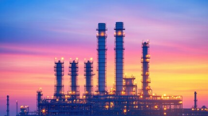 Obraz premium Massive and Glowing Oil Refinery Industrial Plant Complex Illuminated at Dramatic Sunset with Vibrant Colorful Sky Cityscape Landscape