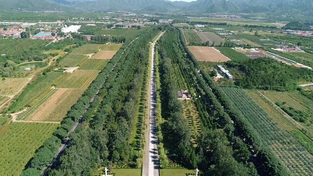 Aerial drone view of Ming Tombs Changling mausoleum in China,Asia.&nbsp;The Ming Tombs, Sacred Way,The Ming Tombs, Beijing, China.&nbsp;Mausoleums built by the emperors of the Ming dynasty of China.