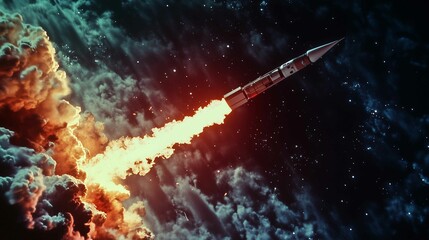 A rocket launching with flames and smoke
