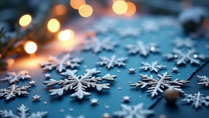 Delicate snowflakes scattered on a dark surface with glowing lights creating a magical winter ambiance during the holiday season