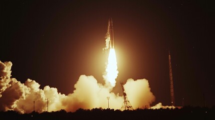 A rocket launching with flames and smoke
