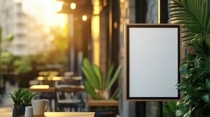 A plain outdoor signboard stands surrounded by greenery, softly illuminated by warm sunlight
