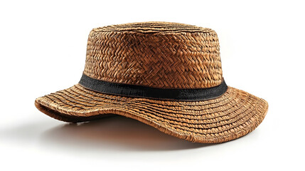 Straw hat with black band for summer vacation and travel outdoor lifestyle. Woven natural texture and pattern,handmade accessory,providing shade and sun protection.