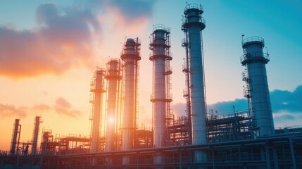 Fuel processing plant with towering distillation columns and heavy machinery against a dramatic sunset sky