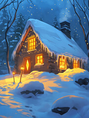 雪に包まれた暖かな灯りの冬の小屋 Cozy Winter Cabin with Warm Lights in a Snowy Forest｜Generative AI