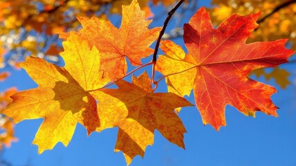 Fototapeta premium Autumn background with maple leaves and bokeh,Fall blurred background, Yellow and red maple leaves are flying and falling down. Autumnal landscape.water drop on leaf,space for text.