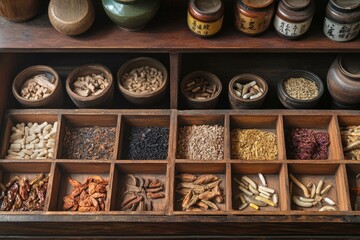 Fototapeta premium Old wooden textured drawers background in chinese herbal medicine shop in china.Vintage asian objects. with generative ai